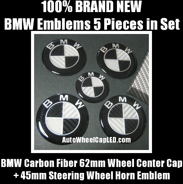 BMW Carbon Fiber Black White 62mm Wheel Center Caps Roundels 45mm Steering Horn Emblems Badges Stickers 5Pcs Full Set