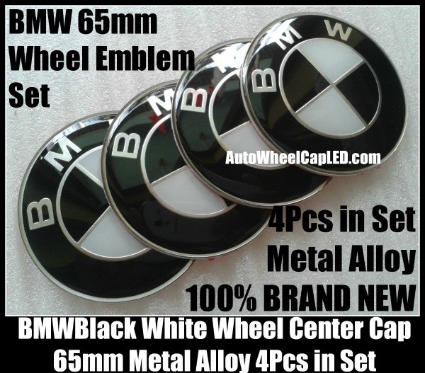 BMW Black White Curve 3D Wheel Center Caps Stickers 65mm Aluminum Alloy 4 Pieces in Set