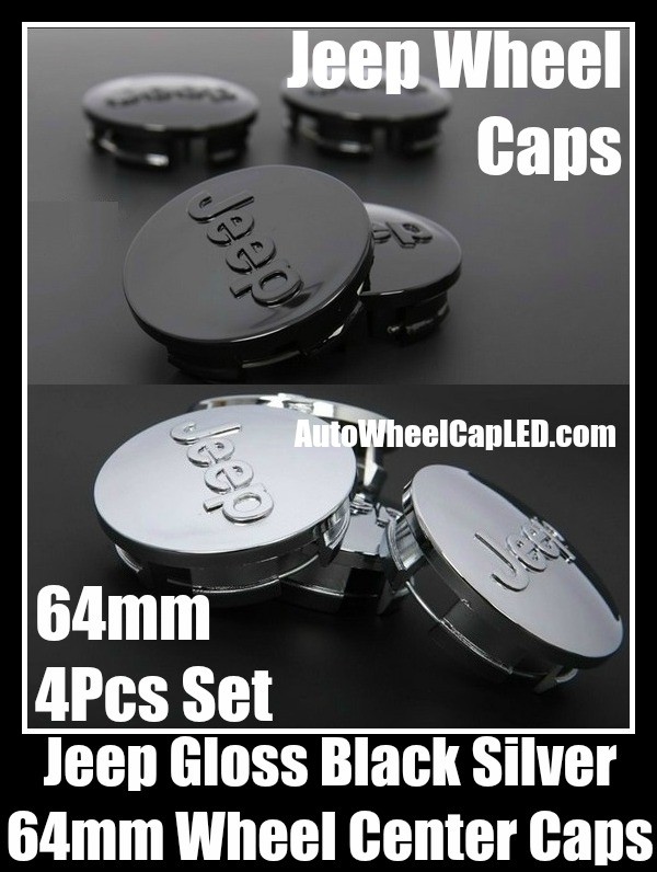 Jeep Gloss Black Silver 64mm Wheel Center Caps Hubs Emblems Roundels 4Pcs Set Wrangler Commander Grand Cherokee