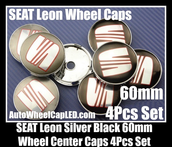 SEAT Leon 60mm Metallic Silver Black Wheel Center Caps Hubs Emblems Roundels Ibiza Alhambra Altea Exeo Belt Racing