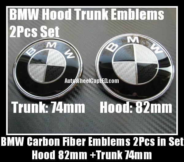 BMW 335i Black White Carbon Fiber 82mm Hood 74mm Trunk Emblems Bonnet Boot Roundels Badges 2Pcs 2006-2010