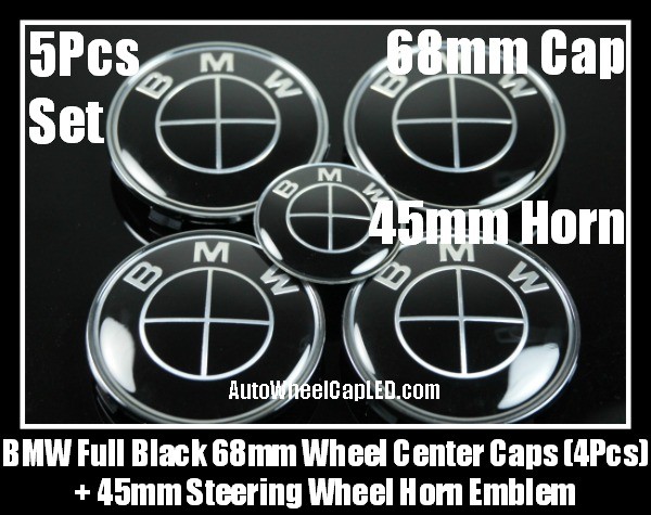 BMW Full Devil Black 68mm Wheel Center Caps 45mm Steering Horn Badges Emblems Roundels 5Pcs