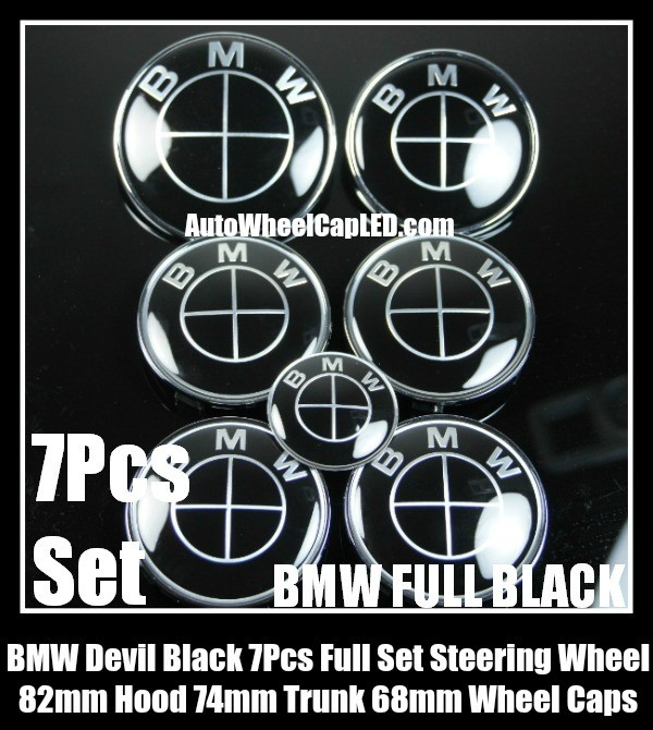 BMW Full Black 7Pcs Emblems 82mm Hood 74mm Trunk 68mm Wheel Center Caps 45mm Steering Horn Bonnet Boot Roundels Badges Full Set