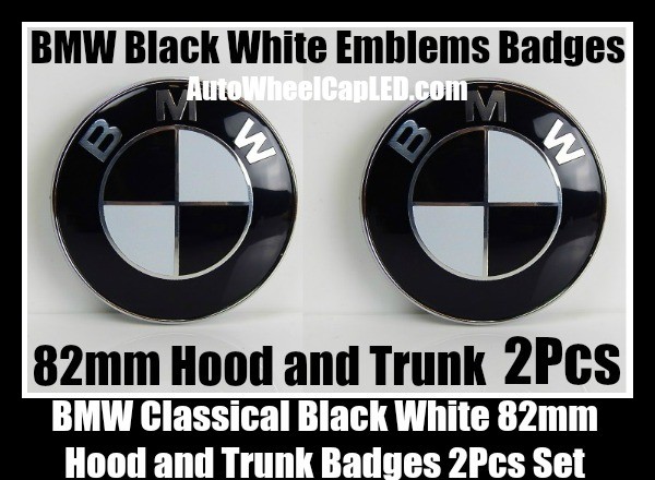 BMW Classic Black White 2Pcs 82mm Hood Trunk Emblems Badges Roundels Bonnet Boot Aluminium Alloy