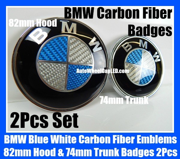 BMW Blue White Carbon Fiber 82mm Hood 74mm Trunk Emblems Bonnet Boot Badges 2Pcs Set