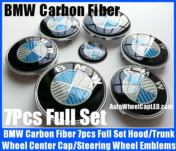 BMW Carbon Fiber Blue White Wheel Center Caps 68mm Steering Horn 45mm Hood 82mm Trunk 74mm Emblems 7Pcs Bonnet Boot Roundels Badges Full Set