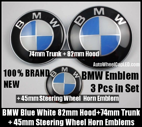 BMW Blue White 82mm Hood + 74mm Trunk + 45mm Steering Wheel Horn Emblem Roundel Badge 3 Pieces