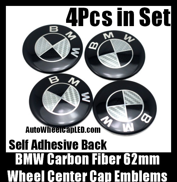 BMW Carbon Fiber Black White Wheel Center Cap 62mm Emblems 4Pcs Roundel Set Self Adhesive Back Stickers