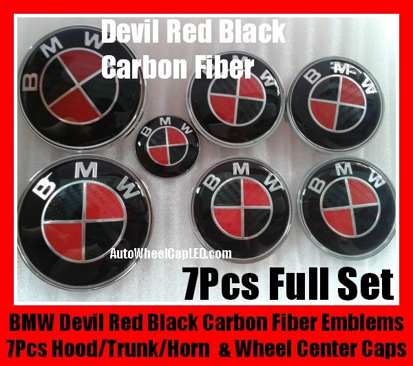 BMW Carbon Fiber Red Black Wheel Center Caps 68mm Steering Horn 45mm Hood 82mm Trunk 74mm Emblems 7Pcs Bonnet Boot Roundels Badges Full Set
