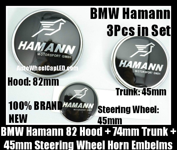 BMW Hamann Black Silver Bonnet Boot Emblems Hood 82mm Trunk 74mm Steering Wheel Horn 45mm 3Pcs in Set Motorsport GMBH