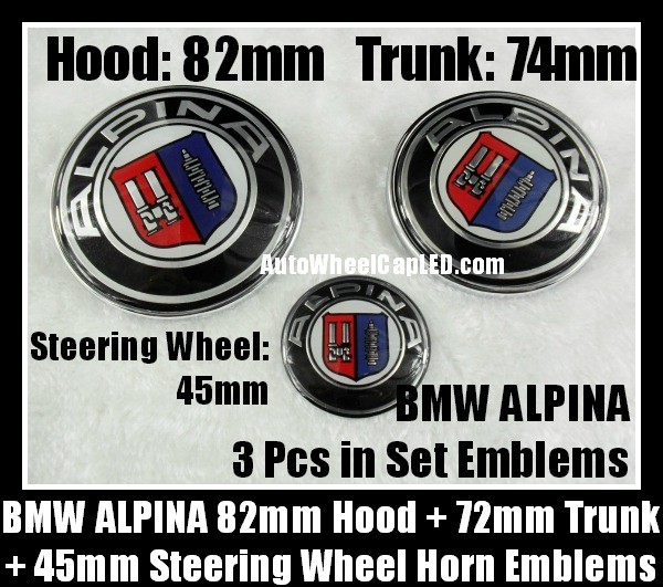 BMW ALPINA Emblems Hood 82mm Trunk 74mm Steering Wheel Horn 45mm 3Pcs Bonnet Boot Roundels Badges