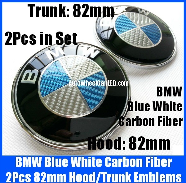 BMW Carbon Fiber Blue White 2Pcs 82mm Hood Trunk Emblems Bonnet Boot Badges Roundels Set