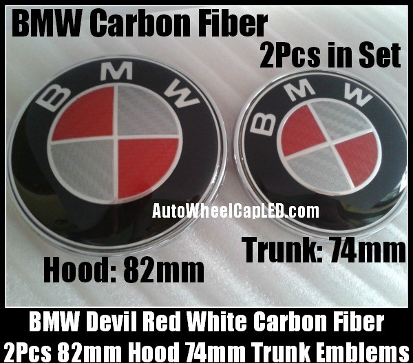 BMW Red White Carbon Fiber 82mm Hood 74mm Trunk Emblems Roundel Badges 2Pcs Bonnet Boot