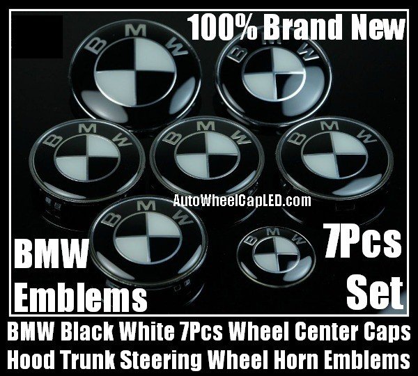 BMW Black White Wheel Center Caps 68mm Steering Horn 45mm Hood 82mm Trunk 74mm Emblems 7Pcs Bonnet Boot Roundels Badges Full Set
