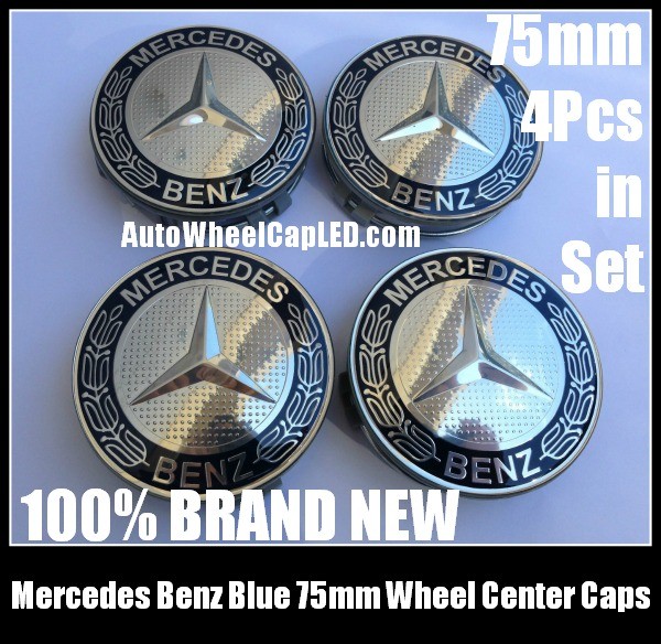 Mercedes Benz 75mm Deep Blue Chrome Silver Star Wheel Center Caps Emblems 4Pcs Set C Class E S CLK SLK
