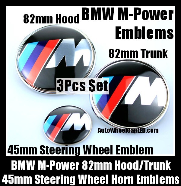BMW ///M Power Emblems 82mm Hood Trunk Steering Wheel Horn 45mm 3Pcs Set Blue Red Stripes Bonnet Boot Badges M3 M5 M6