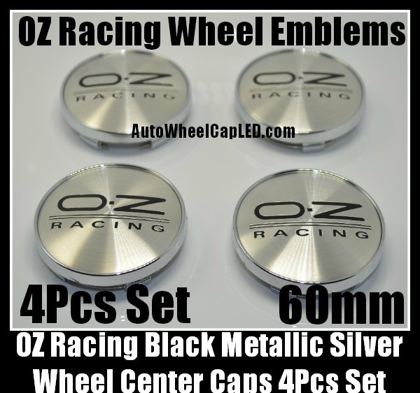 OZ Racing Wheel Center Caps Emblems 60mm Black with Metallic Chrome Silver 4Pcs Set