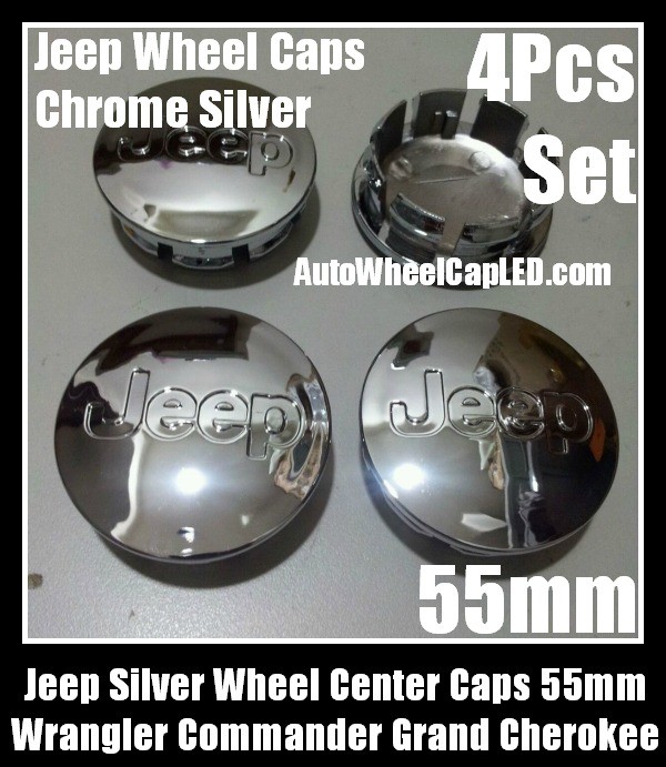 Jeep Chrome Silver Wheel Center Caps Hubs Emblems Roundels 55mm 4Pcs Set Wrangler Commander Grand Cherokee