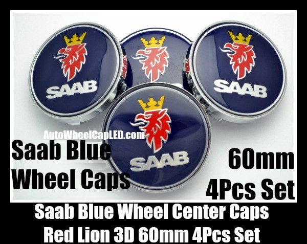 Saab Blue Wheel Center Caps Emblems 60mm Red Lion Yellow Crown 4Pcs Set 93 9-3 9-5 900 9000 9-3X 9-7X