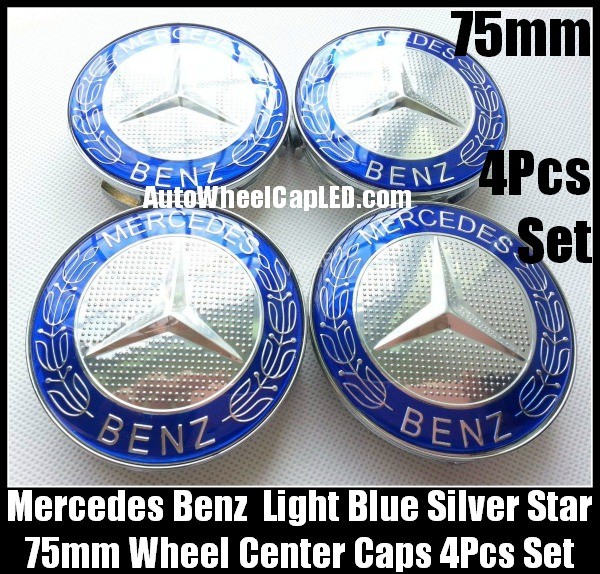 Mercedes Benz 75mm Light Blue Chrome Silver Star Wheel Center Caps Emblems 4Pcs Set C Class E S CLK SLK