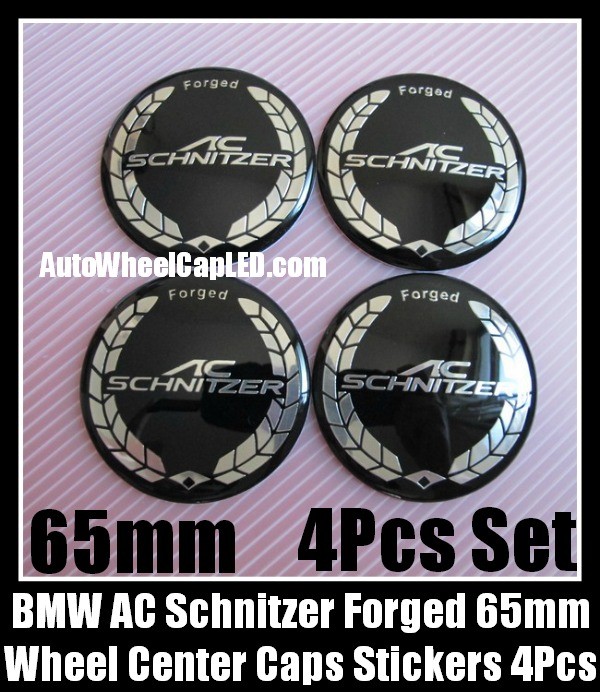 BMW AC Schnitzer Wheel Center Caps Emblems Stickers 65mm Forged Black Chrome Silver Aluminum Alloy Metal 4Pcs Set