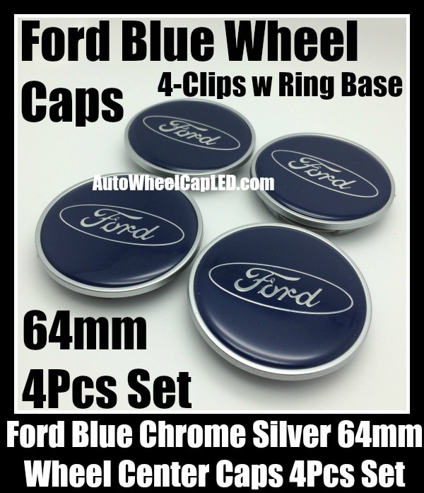 Ford Blue Wheel Center Caps Emblems 64mm Roundels Focus Fiesta Escape Mondeo 4-Clips w Ring Base 4Pcs Set