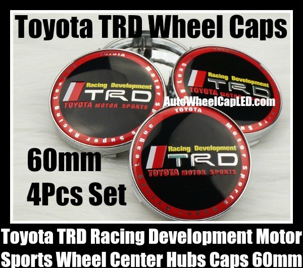 Toyota TRD Racing Development Wheel Center Hubs Caps 60mm Motor Sports League 4Pcs Roundels Emblems Badges White Red Stripes Metal Black