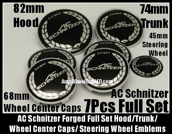 BMW AC Schnitzer Forged 7Pcs Emblems 82mm Hood 73mm Trunk 68mm Wheel Center Caps 45mm Steering Wheel Horn Bonnet Boot Roundels Badges Full Set