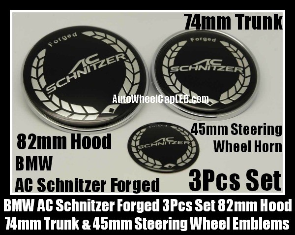 BMW AC Schnitzer Forged Steering Wheel Horn 45mm Hood 82mm Trunk 74mm Emblems 3Pcs Bonnet Boot Roundels Badges Full Set