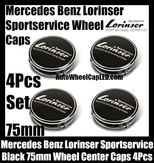 Mercedes Benz Lorinser Sportservice Black Wheel Center Caps 75mm Hubs Roundels Emblems Badges CLK ML GL SL CL E C S Class 4Pcs