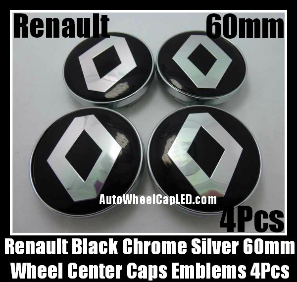 Renault Black Chrome Silver 60mm Wheel Center Caps Emblems Aluminum 4Pcs Set