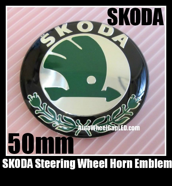 Skoda ŠKODA Steering Wheel Horn Emblem 50mm Green Chrome Silver Alloy Octavia Fabia Superb Roomster VW Volkswagen