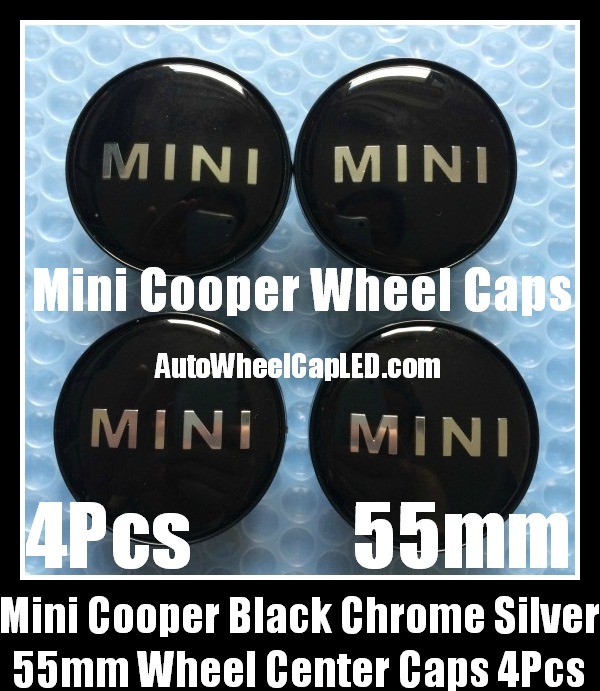 BMW Mini Cooper 55mm Wheel Center Caps Emblems Black Chrome Silver Alloy Clubman S PN 3613-1171069 4Pcs Set