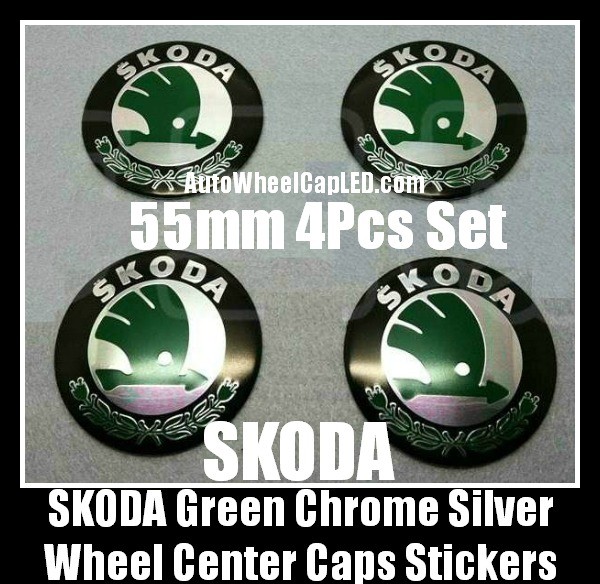 Skoda 55mm Wheel Center Caps Emblems Stickers Green Chrome Silver Alloy Octavia Fabia Superb Roomster VW Volkswagen 4Pcs Set ŠKODA