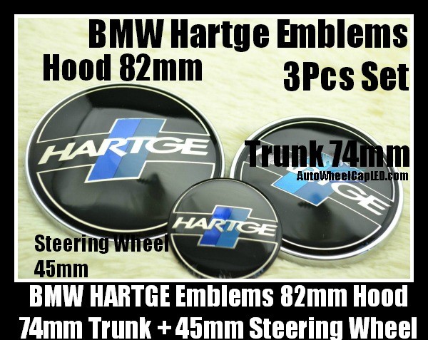 BMW Hartge Black Blue Stripes Emblems Hood 82mm Trunk 74mm Steering Wheel Horn 45mm 3Pcs Set Aluminium Alloy