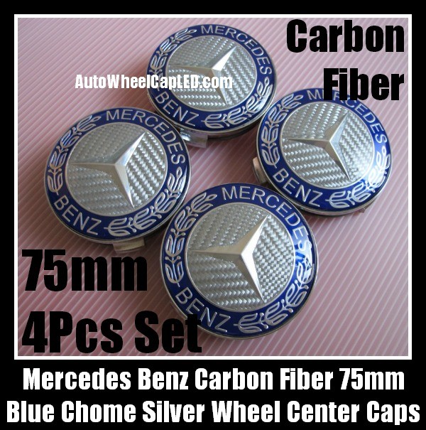 Mercedes Benz Silver Carbon Fiber Blue Chrome Star Wheel Center Caps 75mm CLK ML GL SL CL E C 4Pcs Emblems Roundels