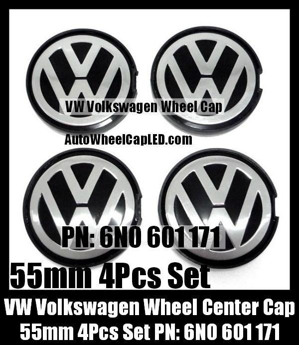 VW Volkswagen 55mm Wheel Center Emblems Caps 6N0 601 171 Golf Polo Jetta Passat Lupo New Beetle Touran 4Pcs Set Black Chrome Silver