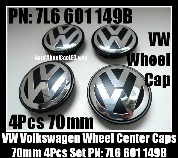 VW Volkswagen 70mm Wheel Center Emblems Caps 7L6 601 149 B Touareg Golf Polo Jetta Passat Lupo New Beetle Touran 4Pcs Set Black Chrome Silver 7L6601149B