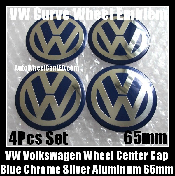 VW Volkswagen 65mm Blue Chrome Silver Wheel Center Cap Stickers Emblems Curve Aluminum 4Pcs Set