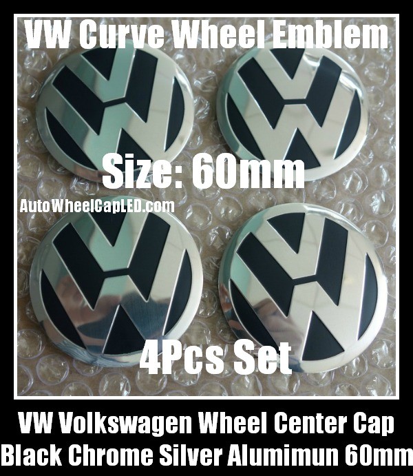 VW Volkswagen 60mm Black Chrome Silver Wheel Center Cap Stickers Emblems Curve Aluminum 4Pcs Set