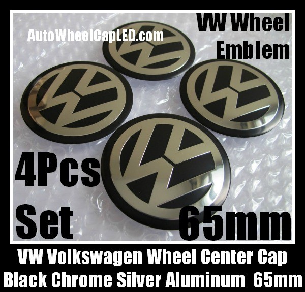 VW Volkswagen 65mm Black Chrome Silver Wheel Center Cap Stickers Emblems Curve Aluminum 4Pcs Set