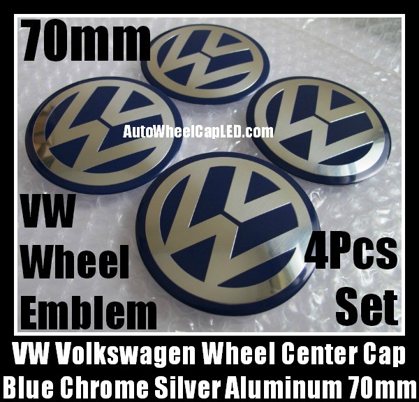 VW Volkswagen 70mm Blue Chrome Silver Wheel Center Cap Stickers Emblems Curve Aluminum 4Pcs Set
