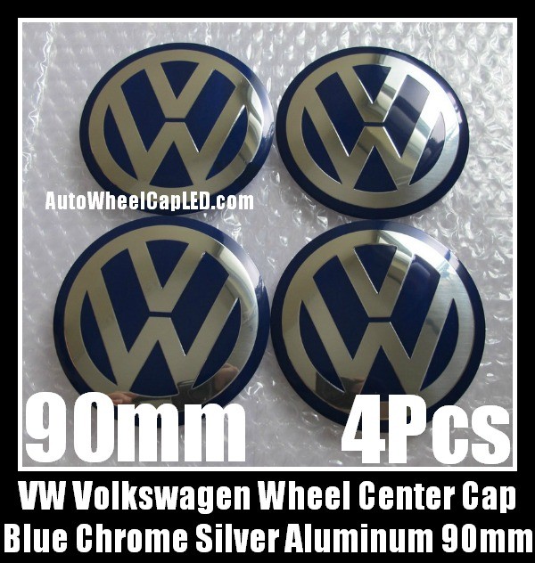 VW Volkswagen 90mm Blue Chrome Silver Wheel Center Caps Roundels Stickers 4Pcs Emblems Badges Curve Aluminum Alloy