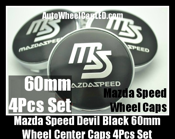Mazda MS Mazdaspeed 60mm Devil Black Chrome Silver Wheel Center Caps Emblems 4Pcs Set