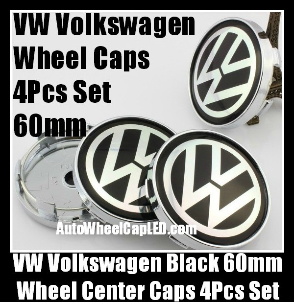 VW Volkswagen 60mm Black Chrome Silver Wheel Center Caps Emblems Roundels 4Pcs Set