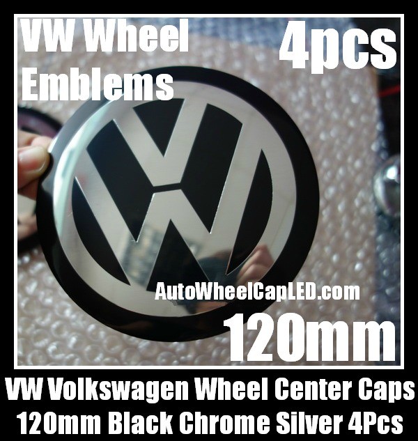 VW Volkswagen 120mm Black Chrome Silver Wheel Center Cap Stickers Emblems Curve Aluminum 4Pcs Set