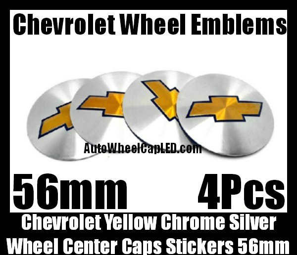 Chevrolet Chevy Yellow Chrome Silver Wheel Center Caps Emblems Stickers 56mm 4Pcs Set