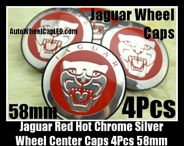 Jaguar Red Hot Chrome Silver 58mm Wheel Center Caps Emblems 4Pcs Set XF XK XJ F X Type XJS XJ6 XJ8 XJX J8 XK8 XK8