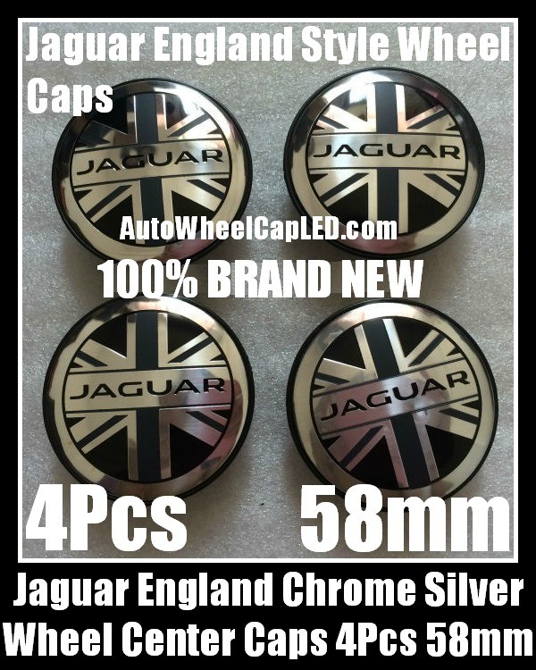 Jaguar England Flag Style Chrome Silver 58mm Wheel Center Caps Emblems 4Pcs Set XF XK XJ F X Type XJS XJ6 XJ8 XJX J8 XK8 XK8