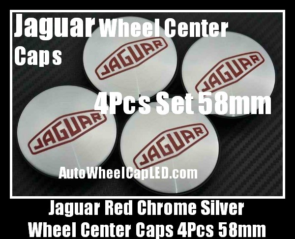 Jaguar Metallic Red Chrome Silver 58mm Wheel Center Caps Emblems 4Pcs Set XF XK XJ F X Type XJS XJ6 XJ8 XJX J8 XK8 XK8